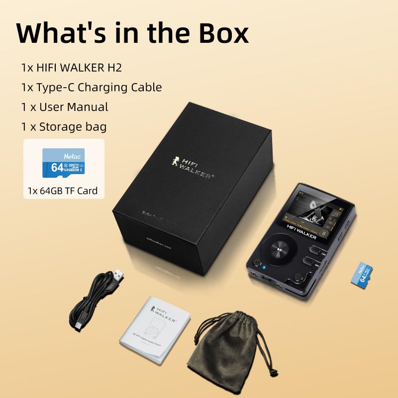 HIFI WALKER مشغل MP3 HIFI WALKER H2 HiFi مع بلوتوث، DAC DSD بدون فقدان، Flac، مشغل موسيقى عالي الدقة، مشغل صوت محمول مع بطاقة ذاكرة سعة 64 جيجابايت، يدعم حتى 512 جيجابايت - Image 5